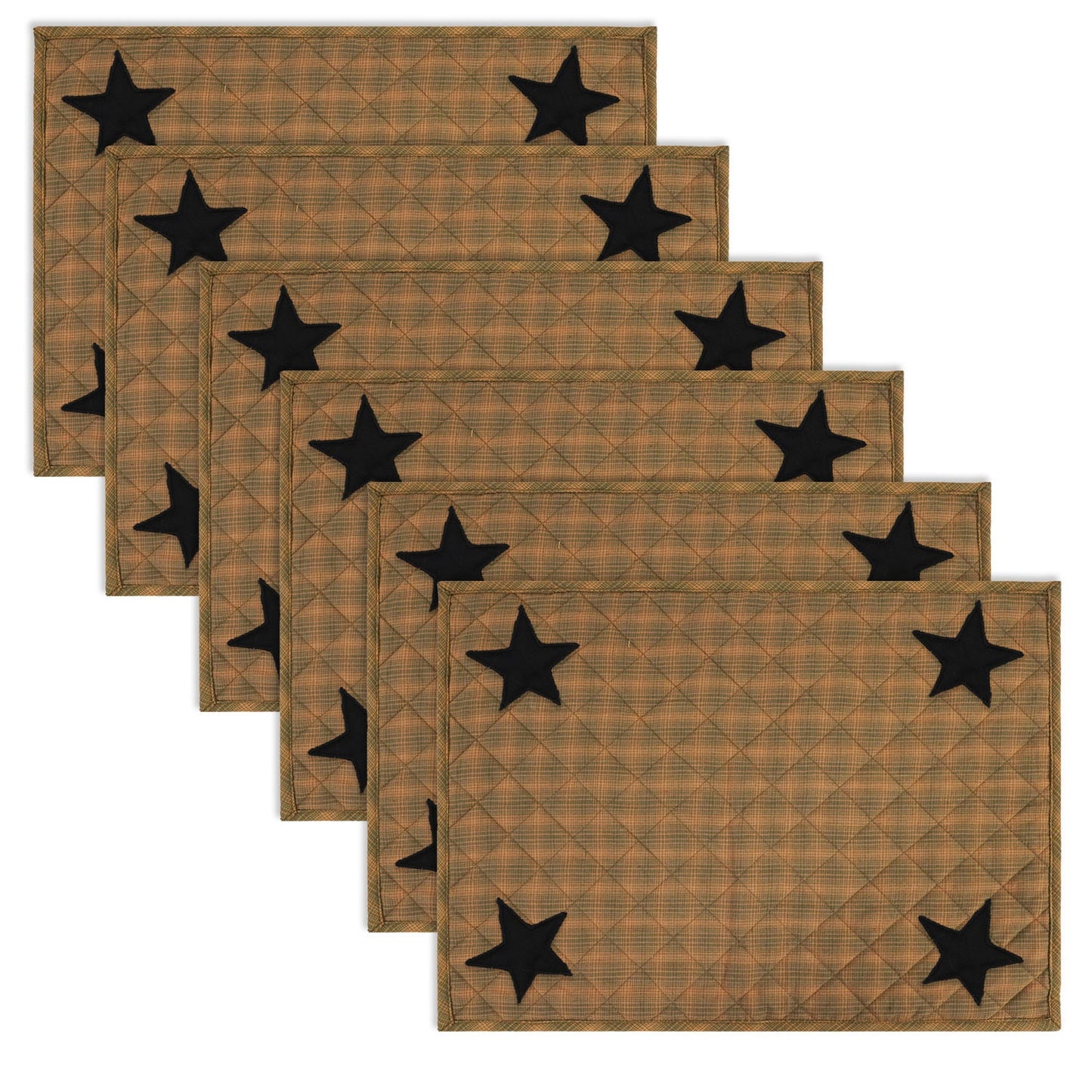 Quilted PLACEMAT & Table toppers Table mat black star embroidered green accented Country Plaid 14"X19" by HOME HEART Brands(Made in India)