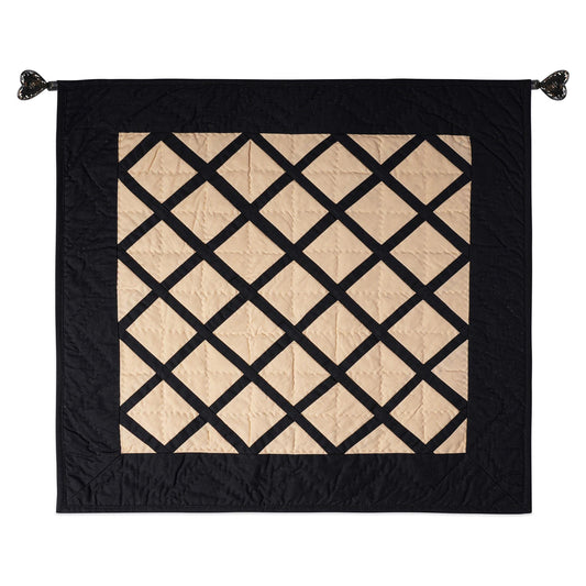 Hand made Hand quilted Throw Quilt, Table Topper Fishing net beige & black patchwork quilt by Home Heart brands (Made in India)