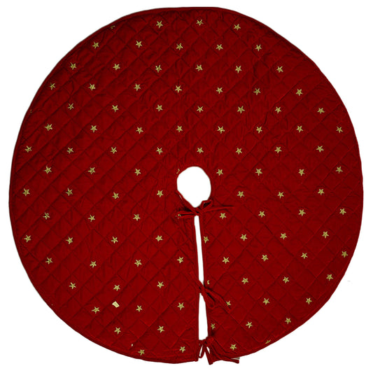Christmas tree skirt quilted micro dark red Velvet fabric and gold star embroidered on it. Thick Double Layer quilted by HOME HEART Brands