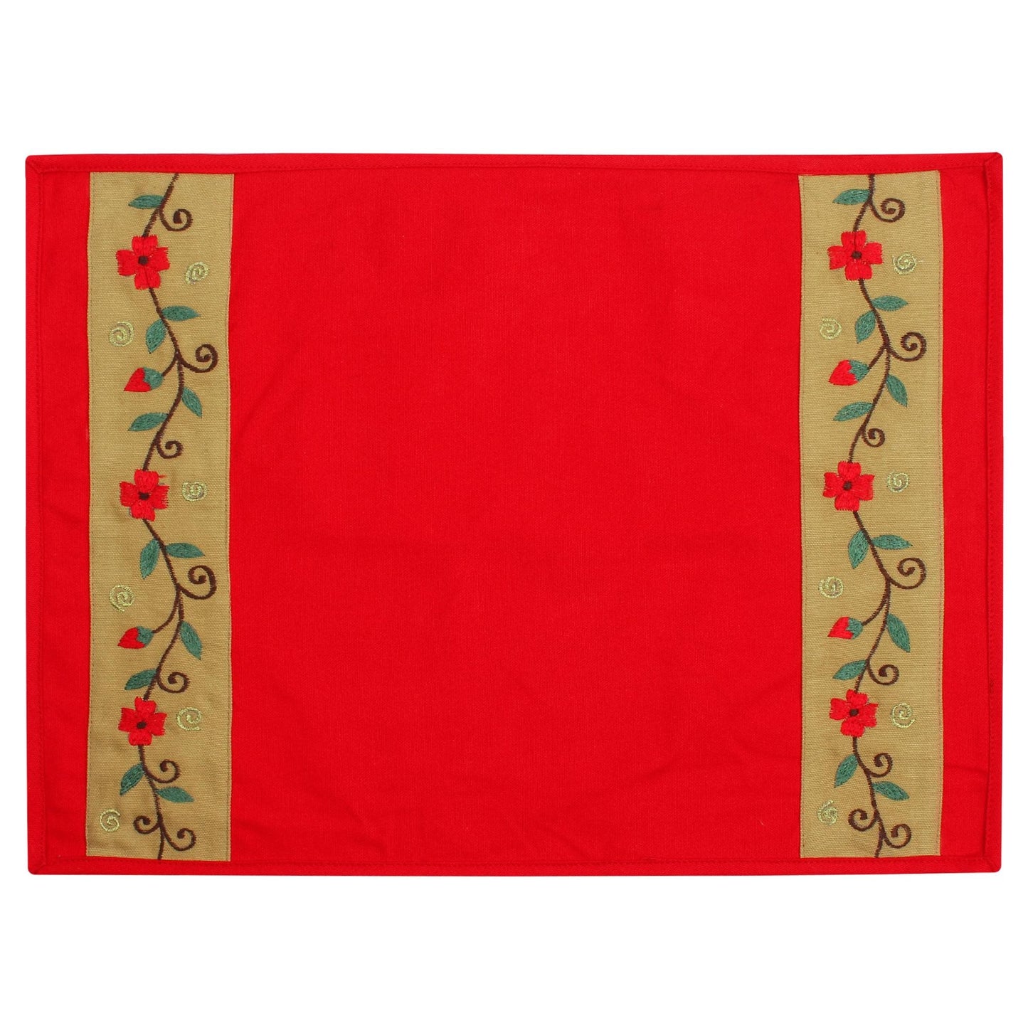 Placemat & Toppers Premium tapestry red duck cotton fabric floral embroidered on beige applique border by Home Heart Brands(Made in India)