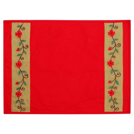 Placemat & Toppers Premium tapestry red duck cotton fabric floral embroidered on beige applique border by Home Heart Brands(Made in India)