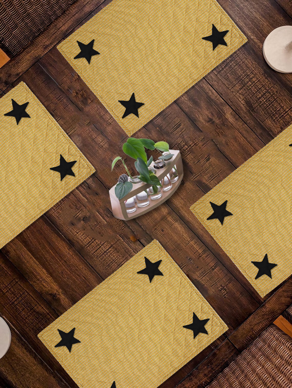 Quilted PLACEMAT & Table toppers Table mat black star embroidered halloween orange Country Plaid 14"X19" by HOME HEART Brands(Made in India)