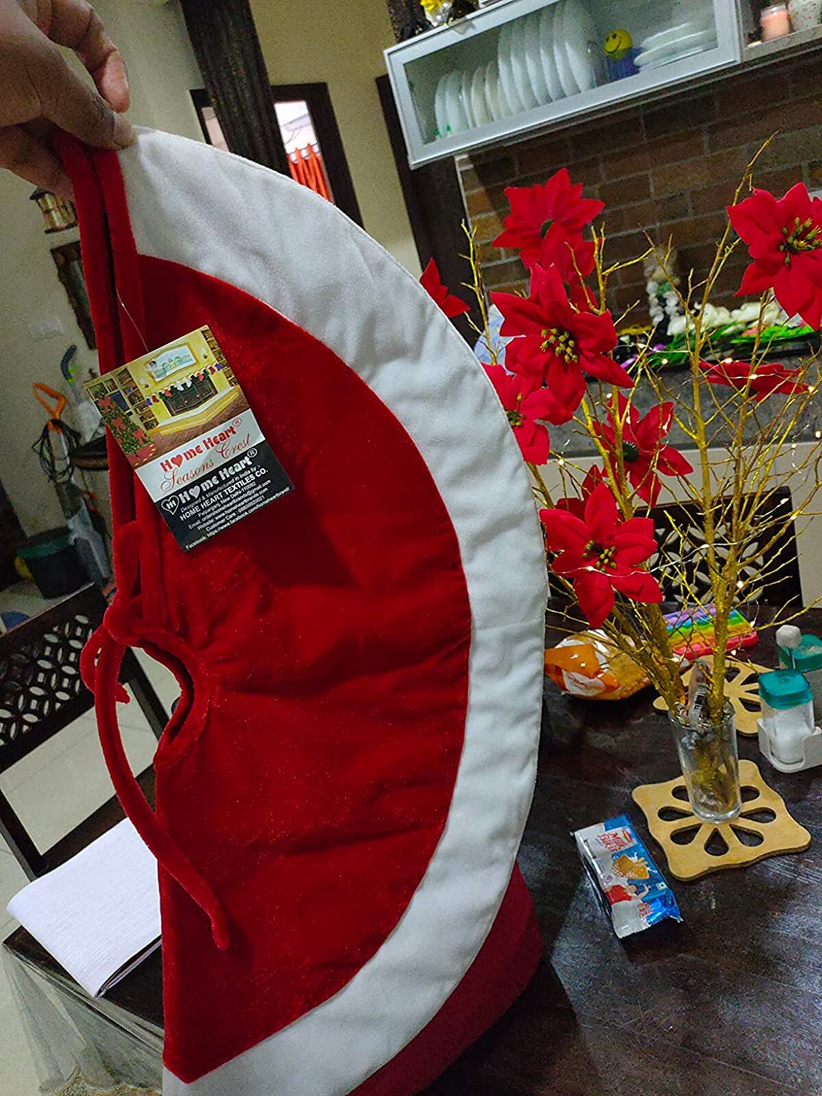 Christmas tree skirt Santa Claus dressed red white micro velvet Thick Double Layer by HOME HEART Brands ( Made in India)