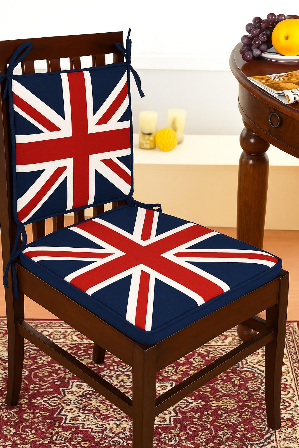 Chair Pad Union Jack Flag Premium tapestry duck cotton fabric 2 inch thick seat pad with ties any Size by Home Heart Brands(Made in India)