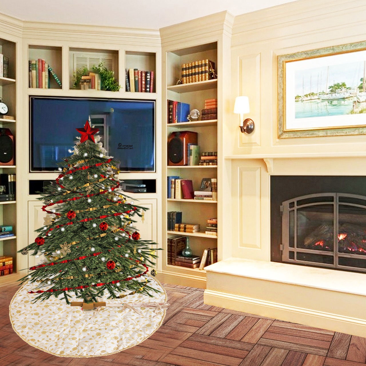 Christmas tree skirt 36" round Serenity Gold Embroidered jacquard fabric Thick Double Layer by HOME HEART Brands