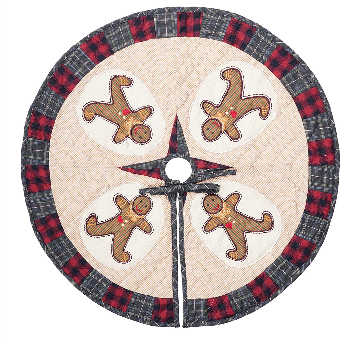 Christmas tree skirt quilted patchwork embroidered Ginger bread plaid thick Double Layer Heirloom by HOME HEART Brands(Made in India)
