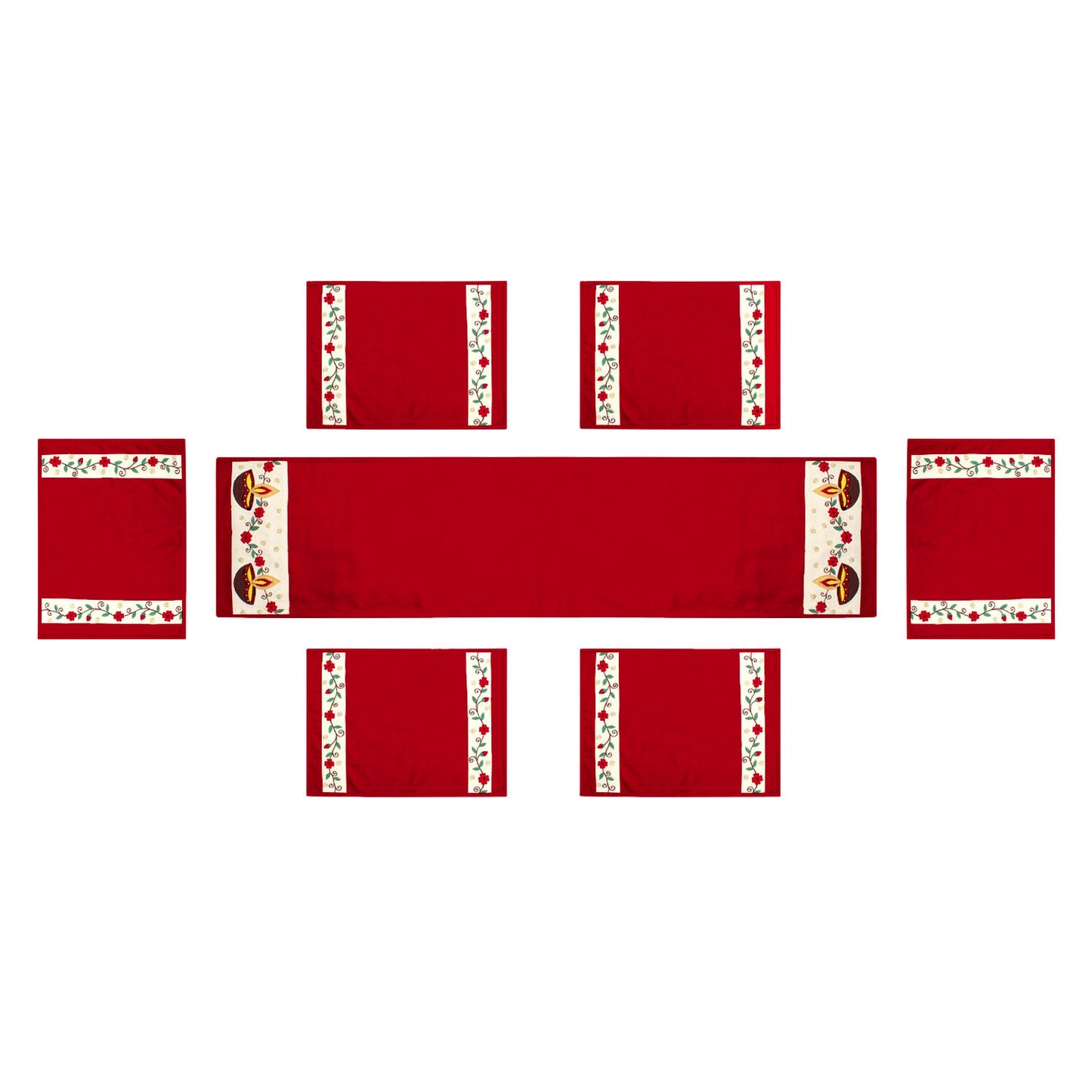 Table runner Toppers duck cotton Premium tapestry fabric Anokhi diyas red offwhite applique embroidered by Home Heart Brands(Made in India)
