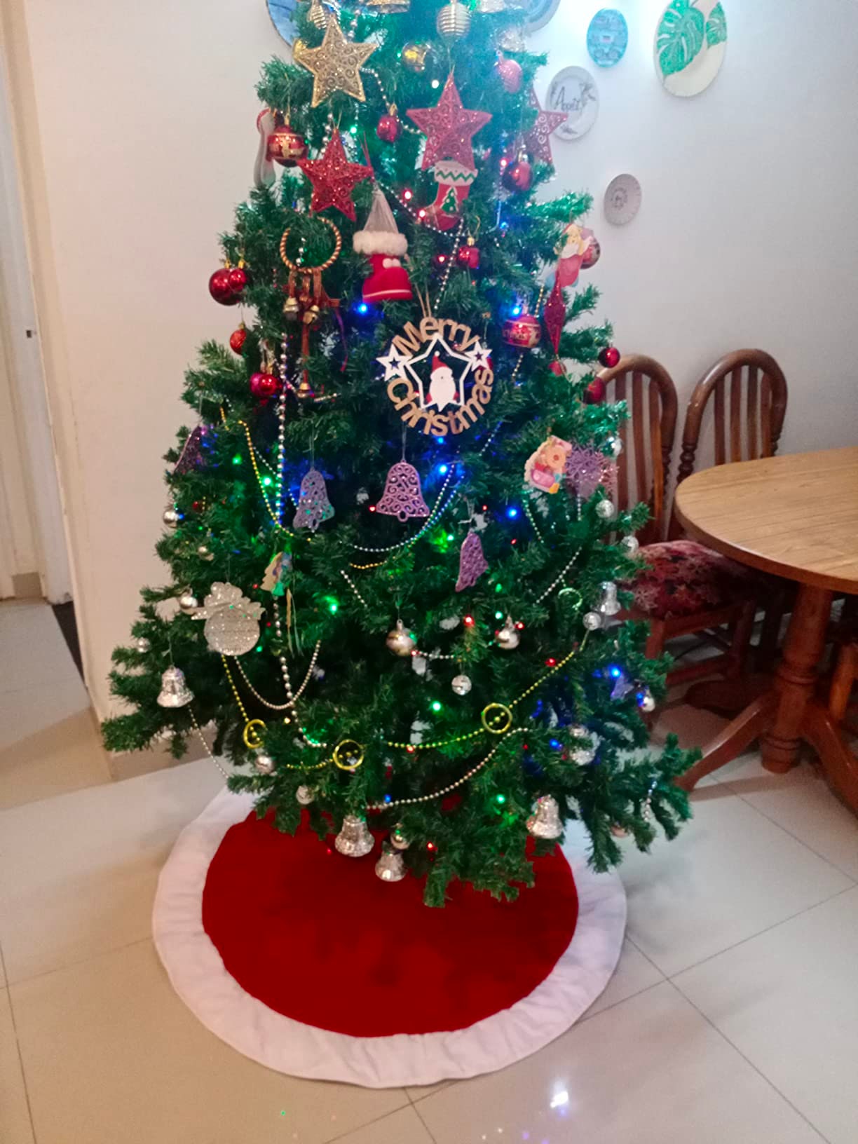 Christmas tree skirt Santa Claus dressed red white micro velvet Thick Double Layer by HOME HEART Brands ( Made in India)