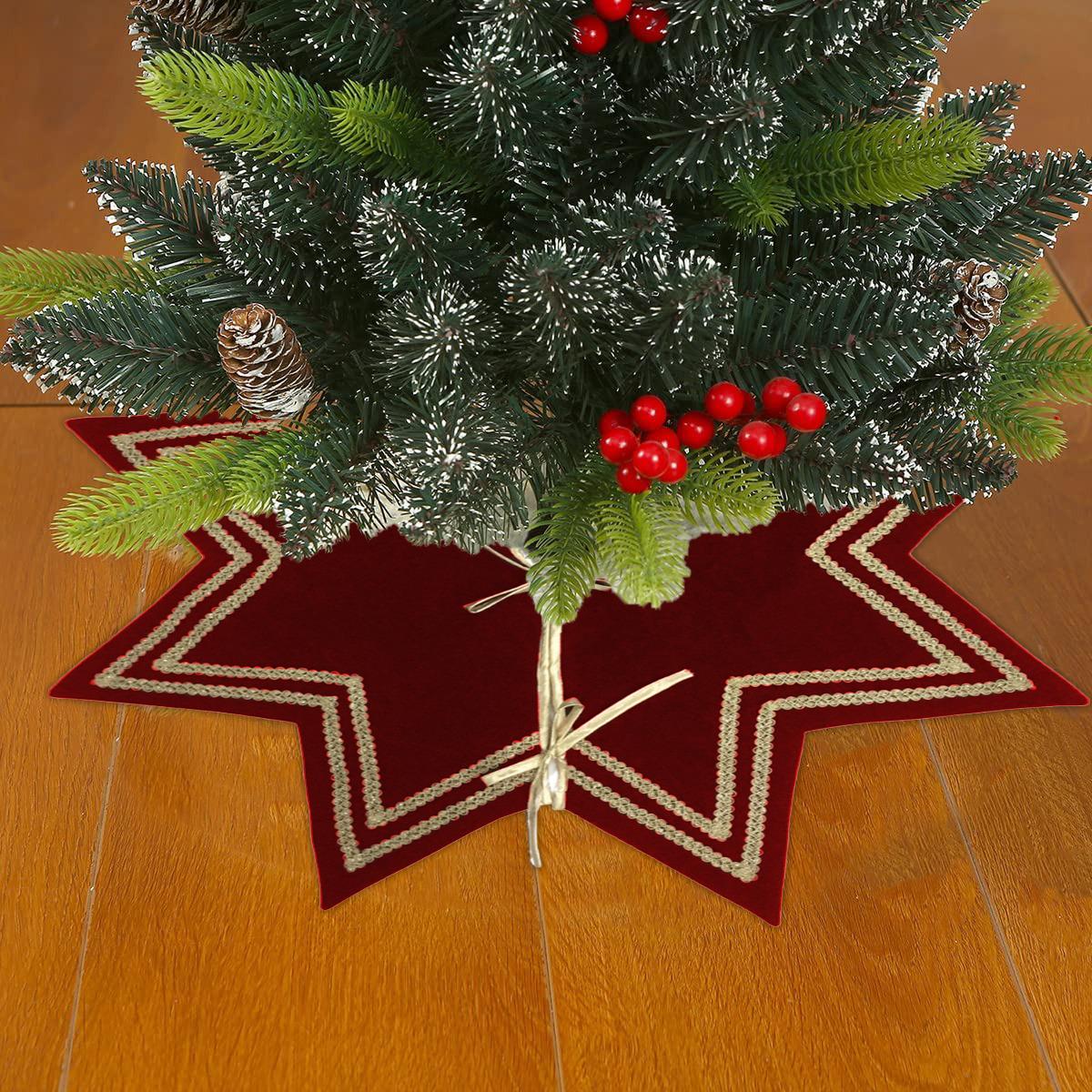 Christmas Tree Skirt Handcrafted Star Design burgundy wine Velvet, Gold Trim Double Layer Heirloom by HOME HEART Brands(Made in India)