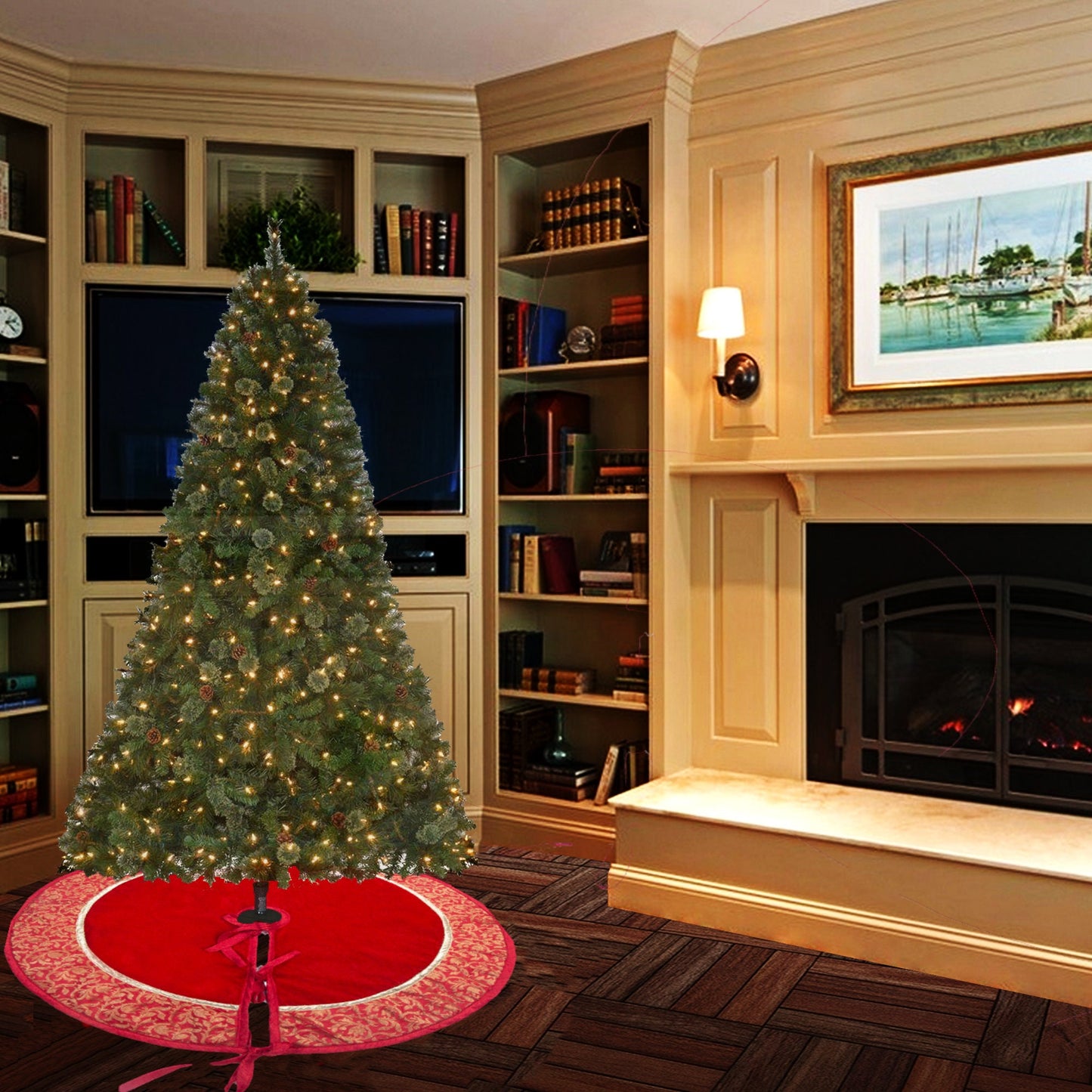 Christmas tree skirt classic micro red Velvet fabric with Brocade Fabric Border Thick Double Layer by HOME HEART Brands
