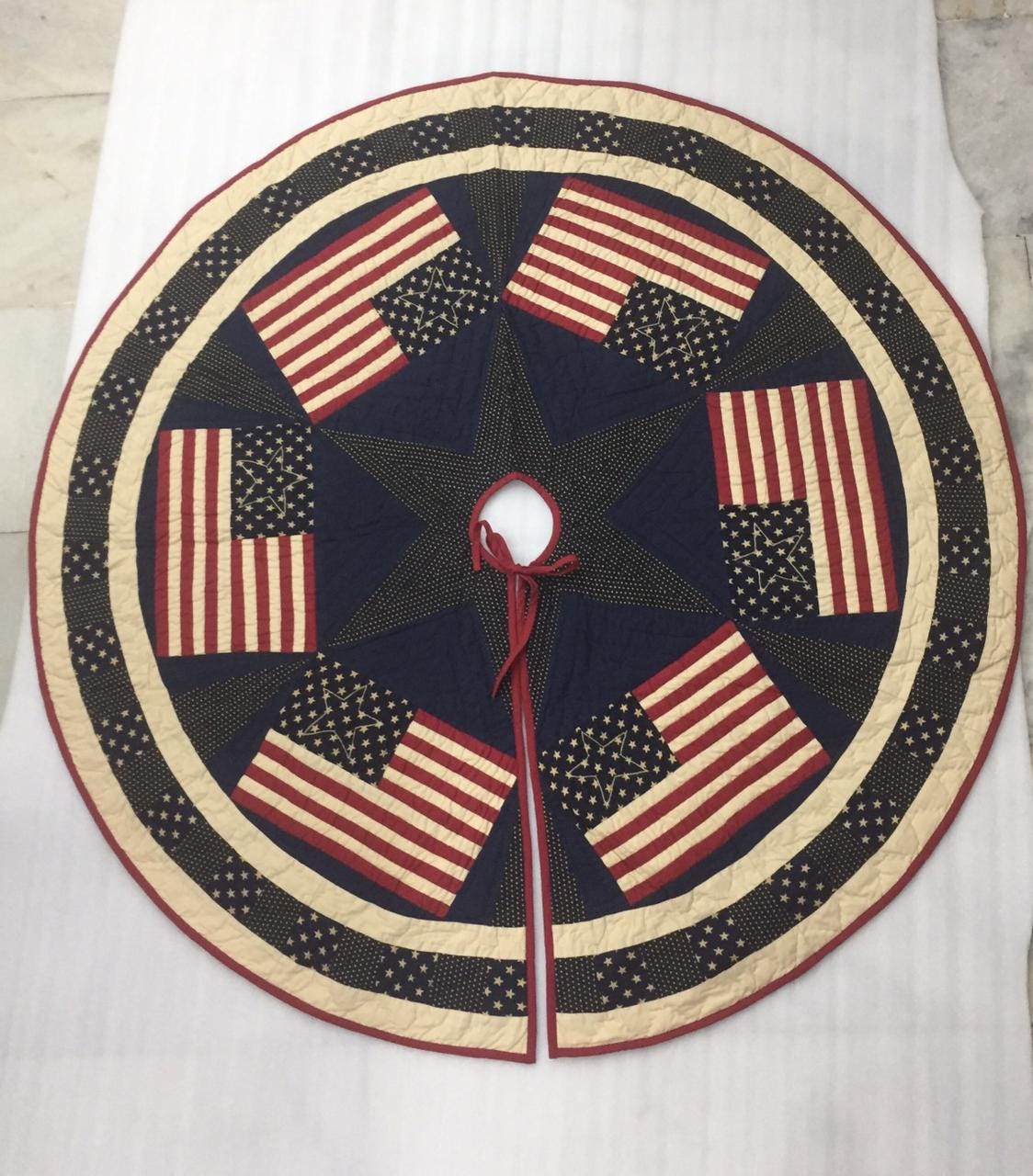 Christmas tree skirt table top 24" round hand made quilted rice stitch star patchwork Old glory flag Thick Double Layer by HOME HEART Brands