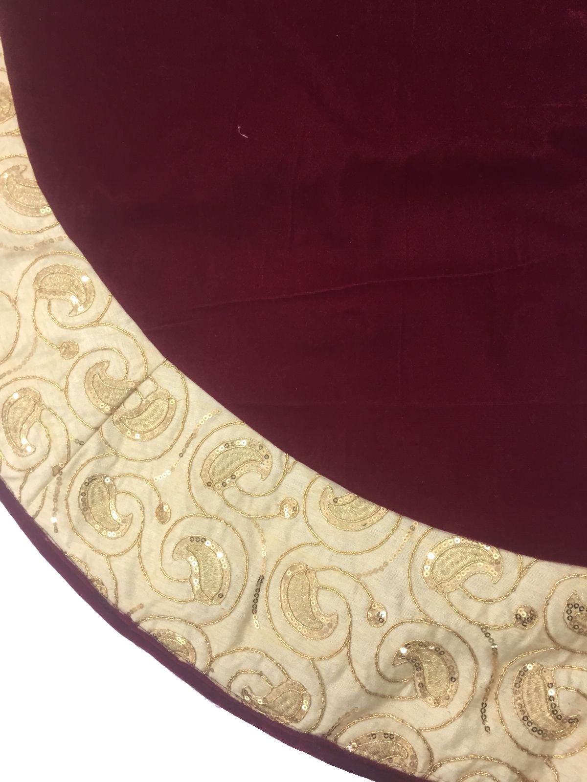 Christmas tree skirt micro dark red Velvet fabric and embroidered on it. Thick Double Layer quilted by HOME HEART Brands
