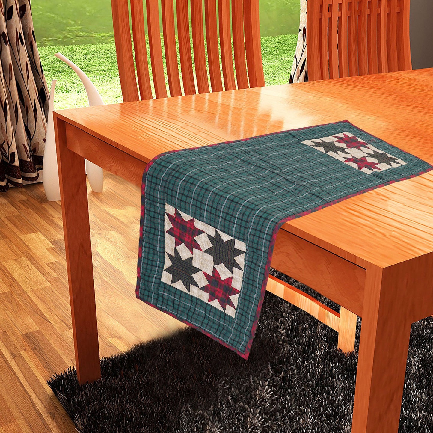 Hand Quilted patchwork 13"x42" Table Runner & Toppers Country planned sampler plaid cotton fabric by HOME HEART Brands(made in INDIA)