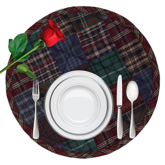 Quilted placemat & table mat, round patchwork table topper quilt winter mix country plaid, calico print by HOME HEART Brands( made in INDIA)