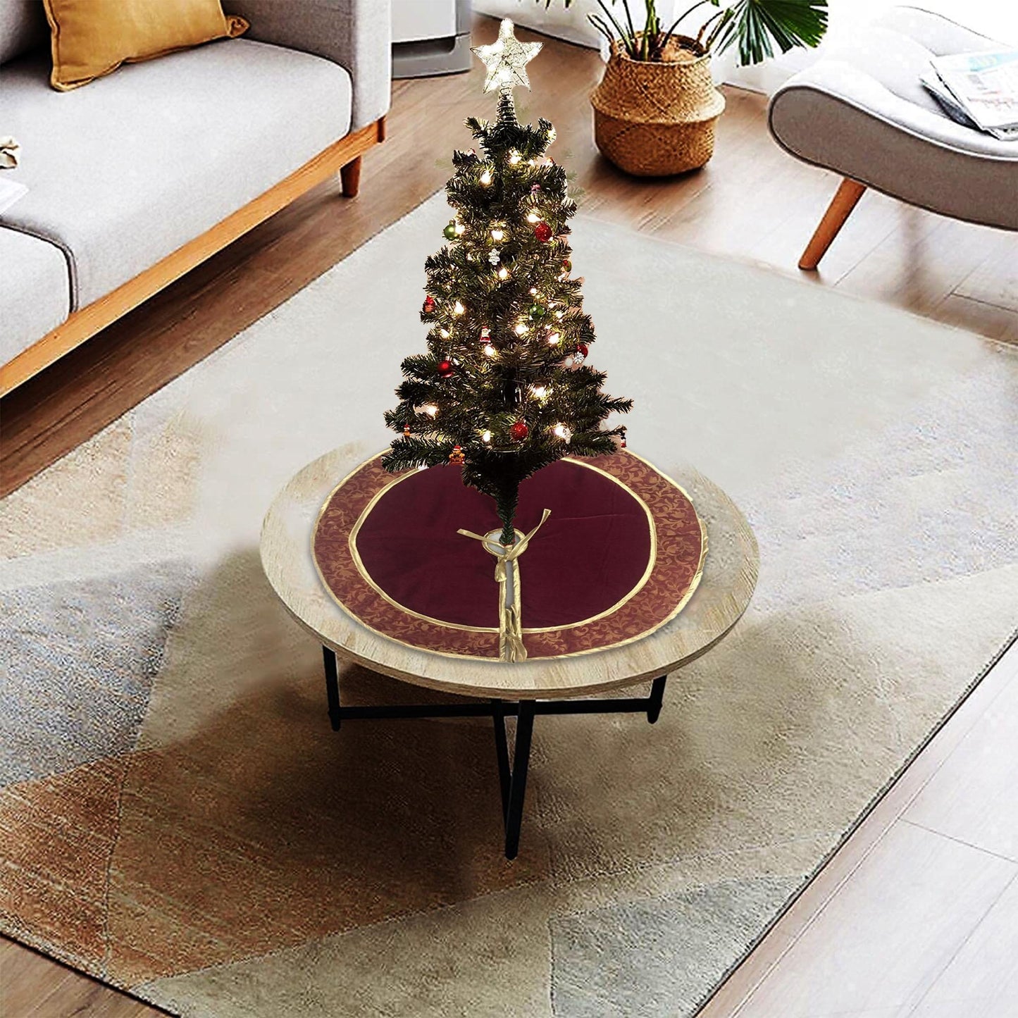 Christmas tree skirt classic micro maroon red Velvet fabric with gold & floral Brocade Fabric Border Thick Double Layer by HOME HEART Brands