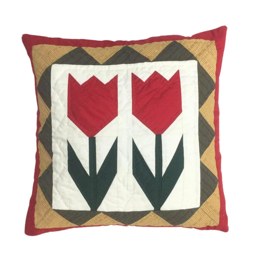 Hand mad hand Quilted TULIP patchwork pillow cover, cushion cover, throw pillow Calico red offwhite by HOME HEART Brands(made in India)