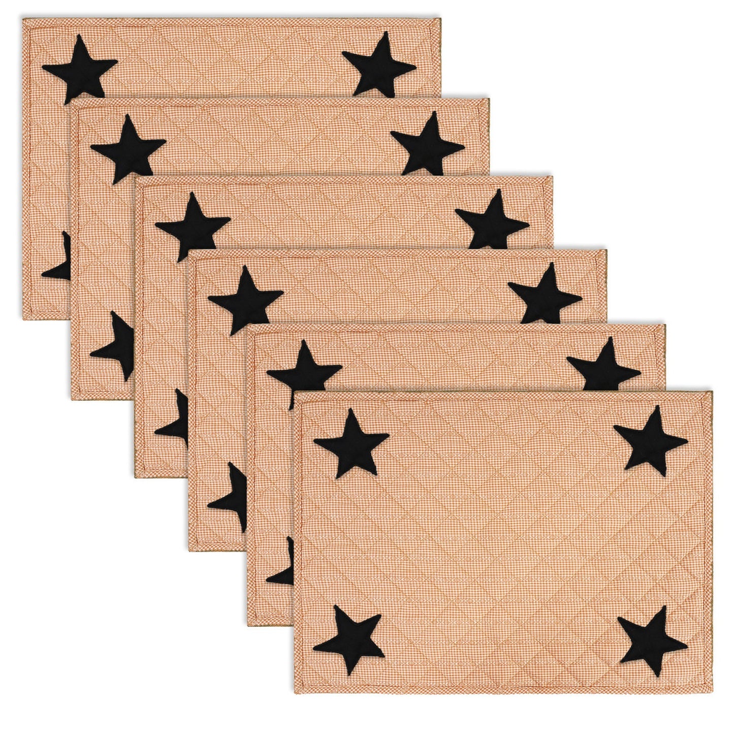 Quilted PLACEMAT & Table toppers Table mat black star embroidered peach brown Country Plaid 14"X19" by HOME HEART Brands(Made in India)