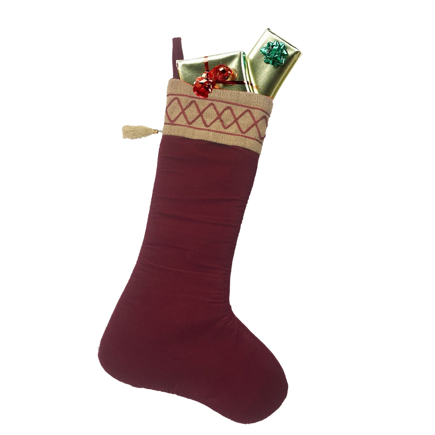 Christmas stocking red velvet & brown lurex jute Christmas decorations Handmade heirloom by HOME HEART Brands(Made in India)