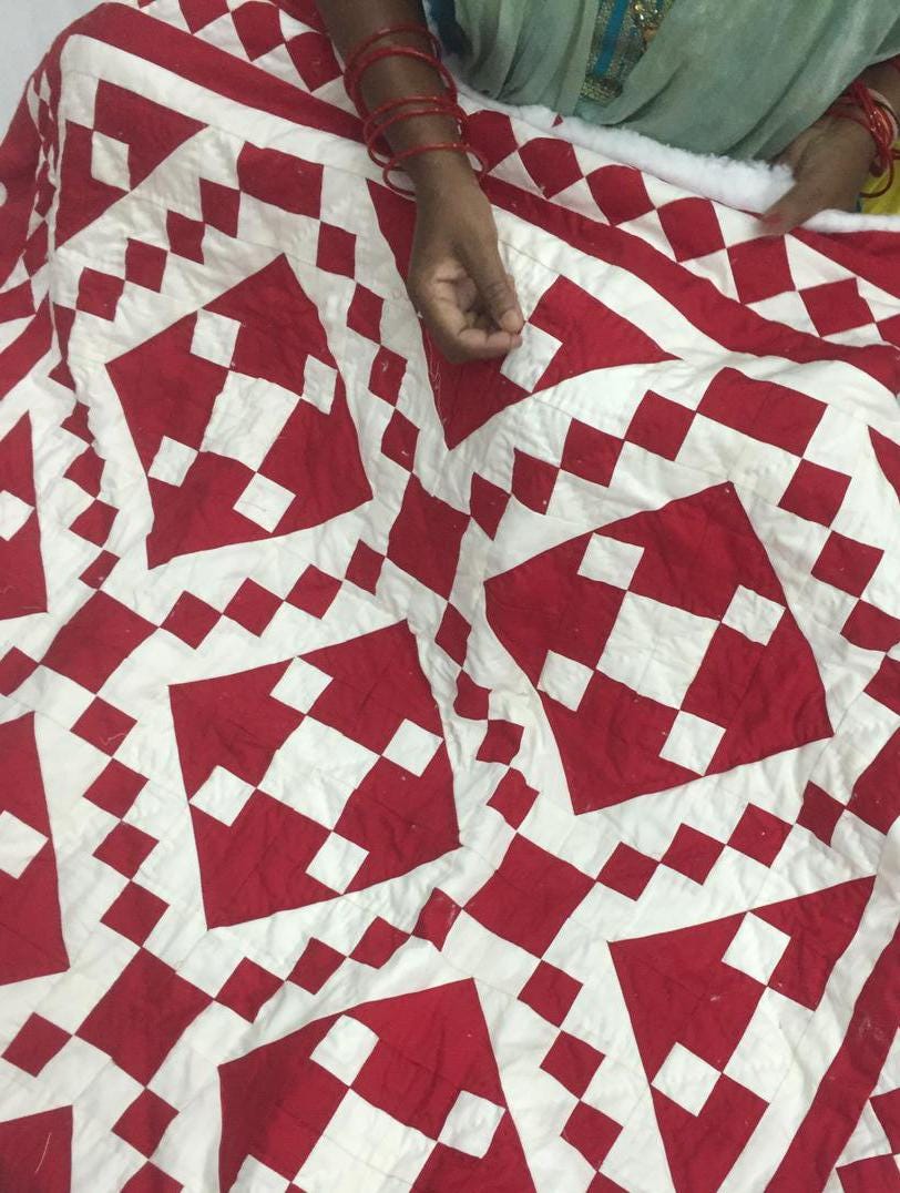 Hand crafted quilt Hand Quilted bedspread heirloom red diamond square calico cotton fabric patchwork Design by HOME HEART Brands