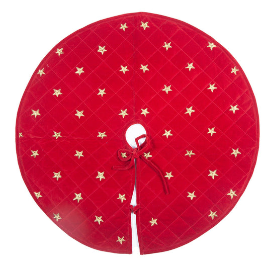 Christmas tree skirt micro red Velvet Quilted fabric and gold star embroidered on it. Thick Double Layer quilted by HOME HEART Brands