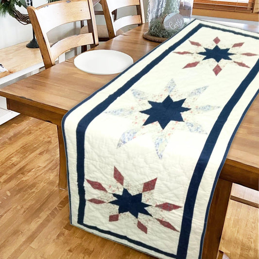 Hand Quilted crafted  Lone Star Glory - Rust & Navy patchwork multi  table runner 16"x50" Table Toppers by HOME HEART Brands(Made in India)