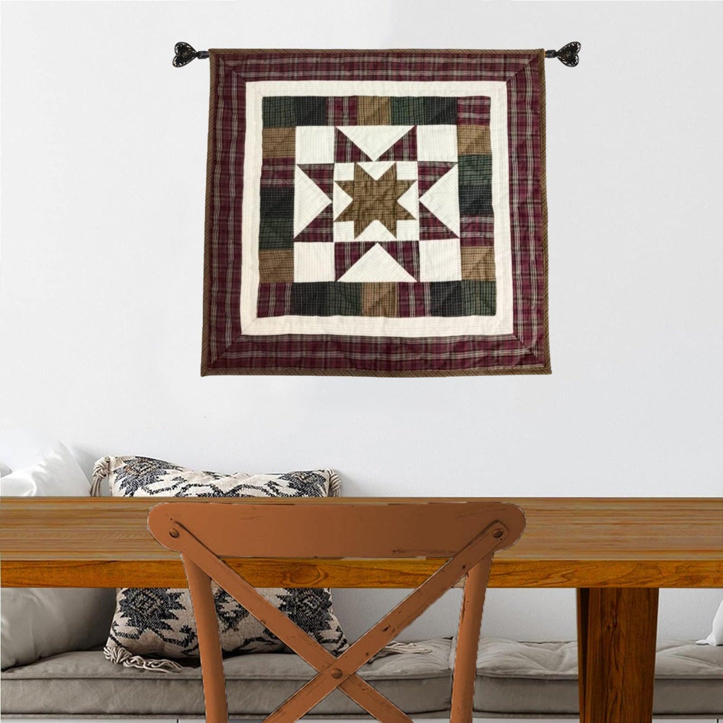 Barn star quilted 19"X19" hand crafted block square quilt, small quilt, Table Topper calico fabric by Home Heart brands (Made in India)