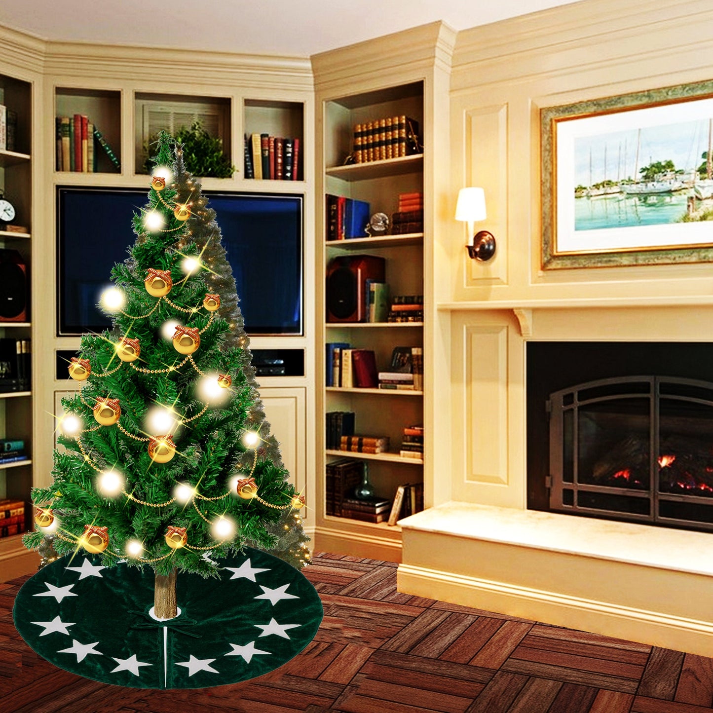 Christmas tree skirt classic micro green Velvet fabric with Star Applique Thick Double Layer by HOME HEART Brands