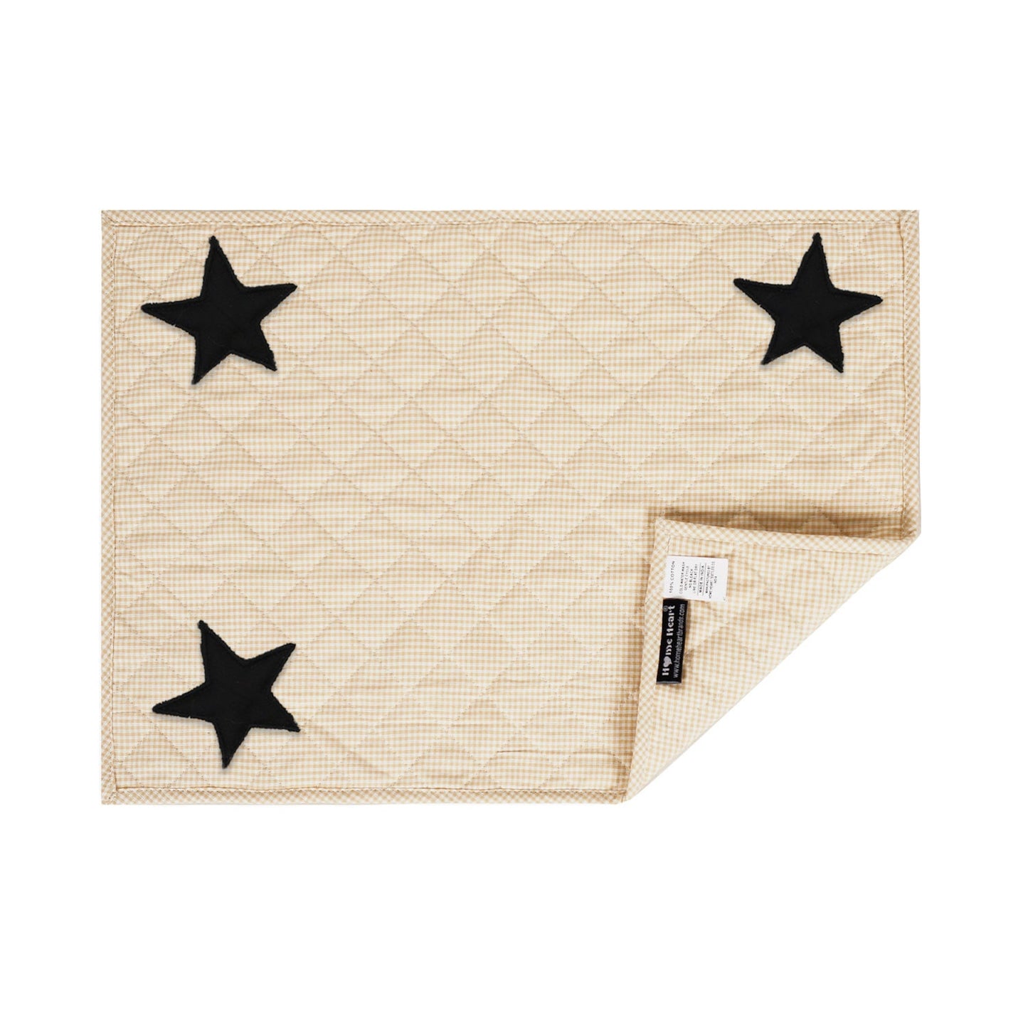 Quilted PLACEMAT & Table toppers Table mat embroidered black star beige gingham Country Plaid 14"X19" by HOME HEART Brands(Made in India)