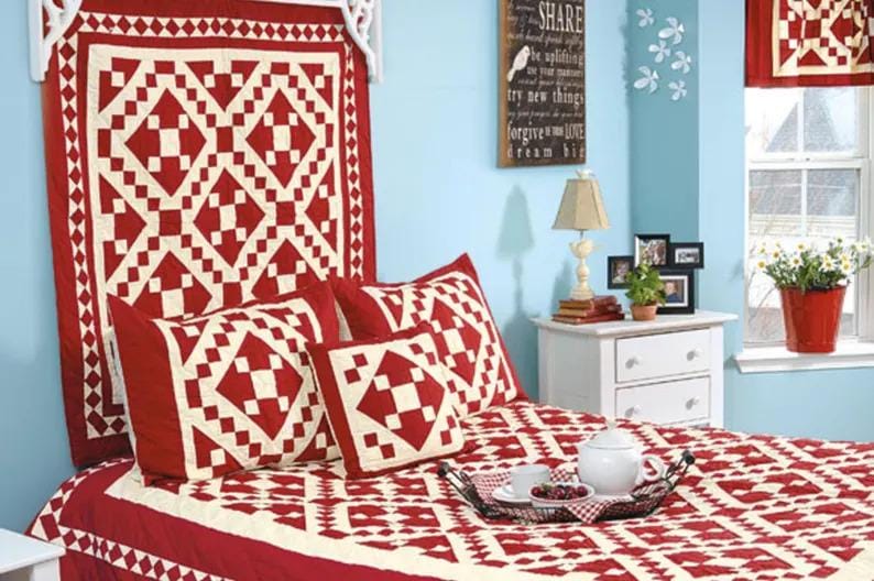 Hand crafted quilt Hand Quilted bedspread heirloom red diamond square calico cotton fabric patchwork Design by HOME HEART Brands