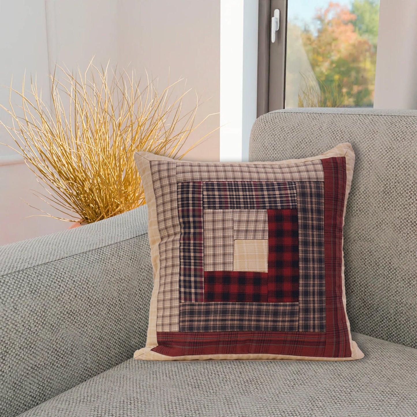 Pillow cover 16"x16" inch hand quilted cushion cover,decorative throw pillow cover colonial log cabin by HOME HEART Brands(made in India)