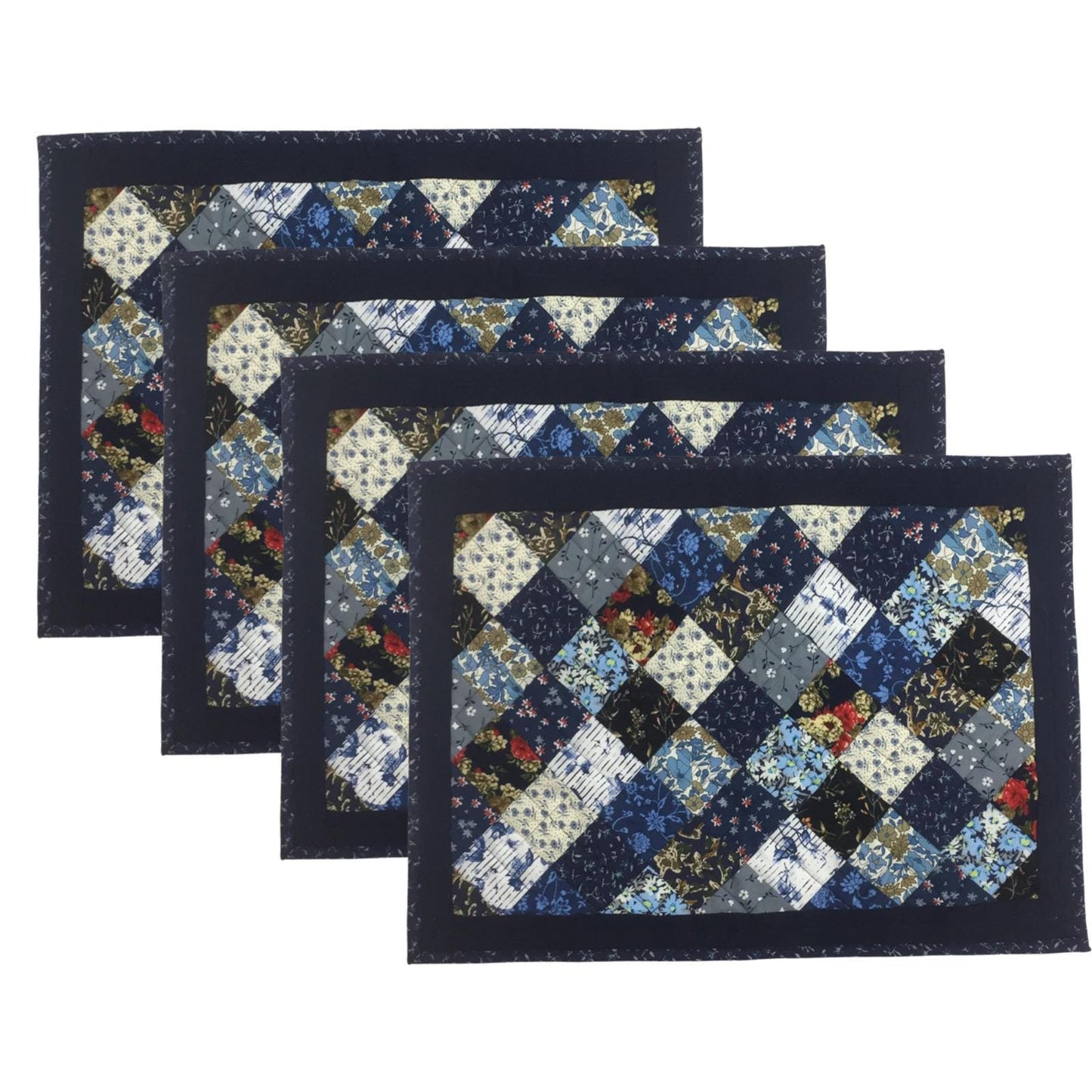 quilted placemats tablemats patchwork Flower Garden, Blue white Calico multi floral print 14"X19" by HOME HEART Brands (Made in India)