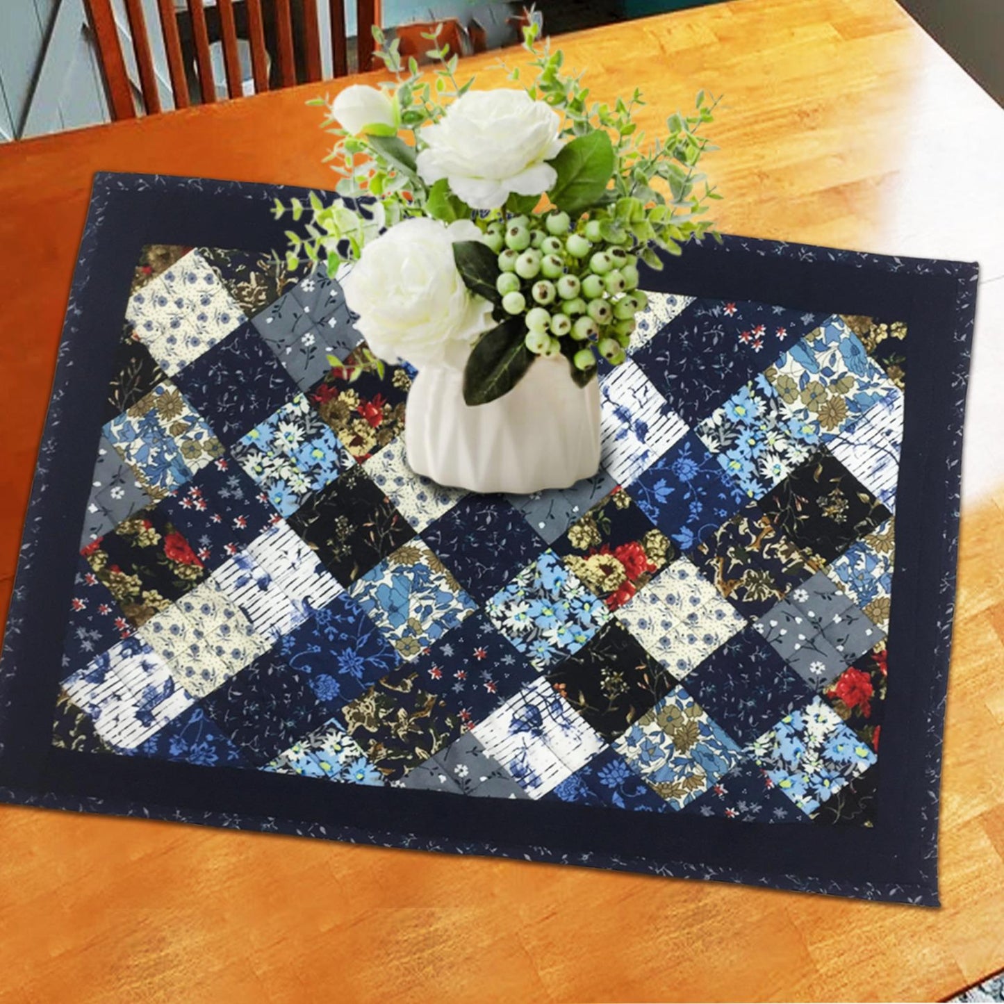 quilted placemats tablemats patchwork Flower Garden, Blue white Calico multi floral print 14"X19" by HOME HEART Brands (Made in India)