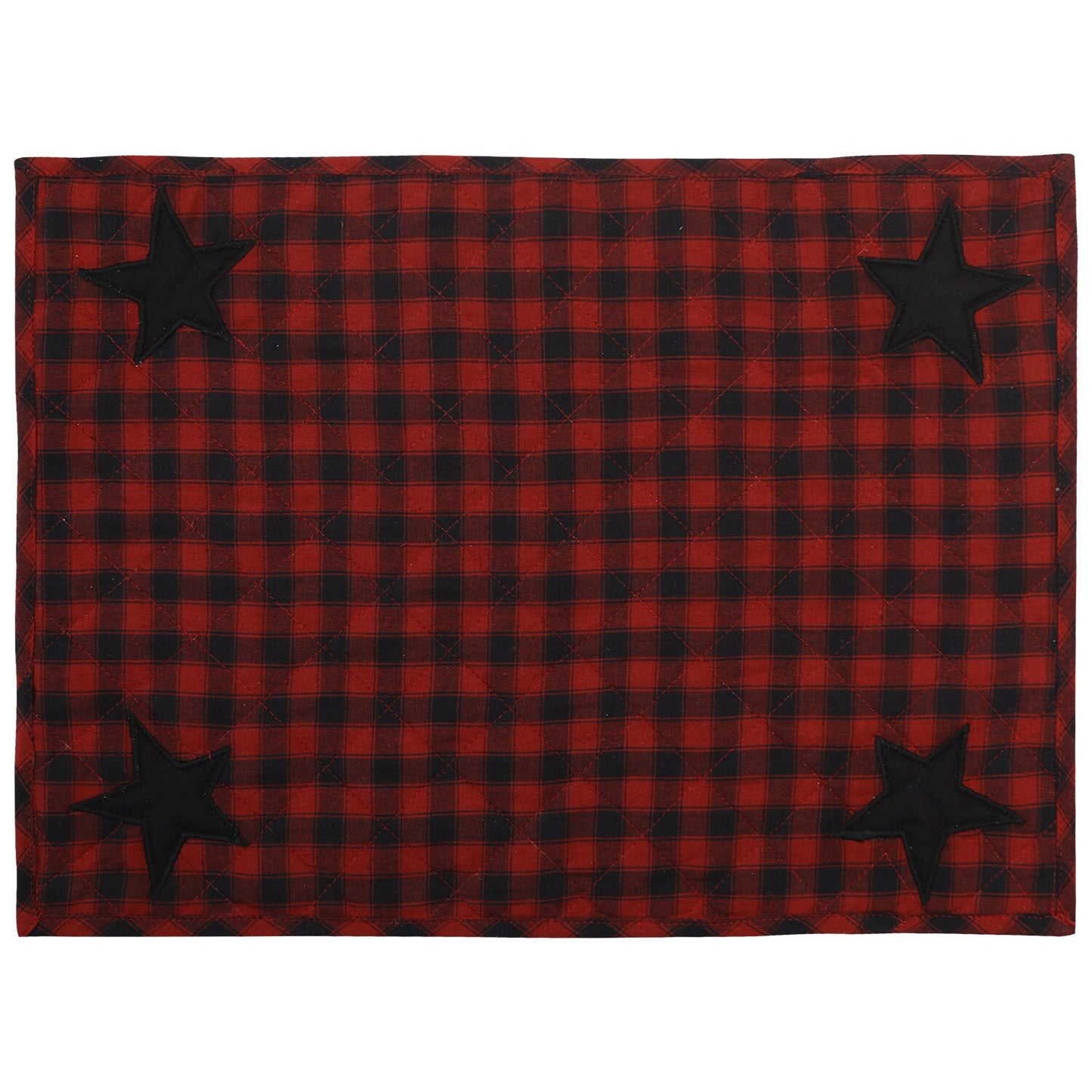 Quilted place mat with black star embroidered on Black/Red Country Plaid 14"X19" by HOME HEART Brands/Tablemat