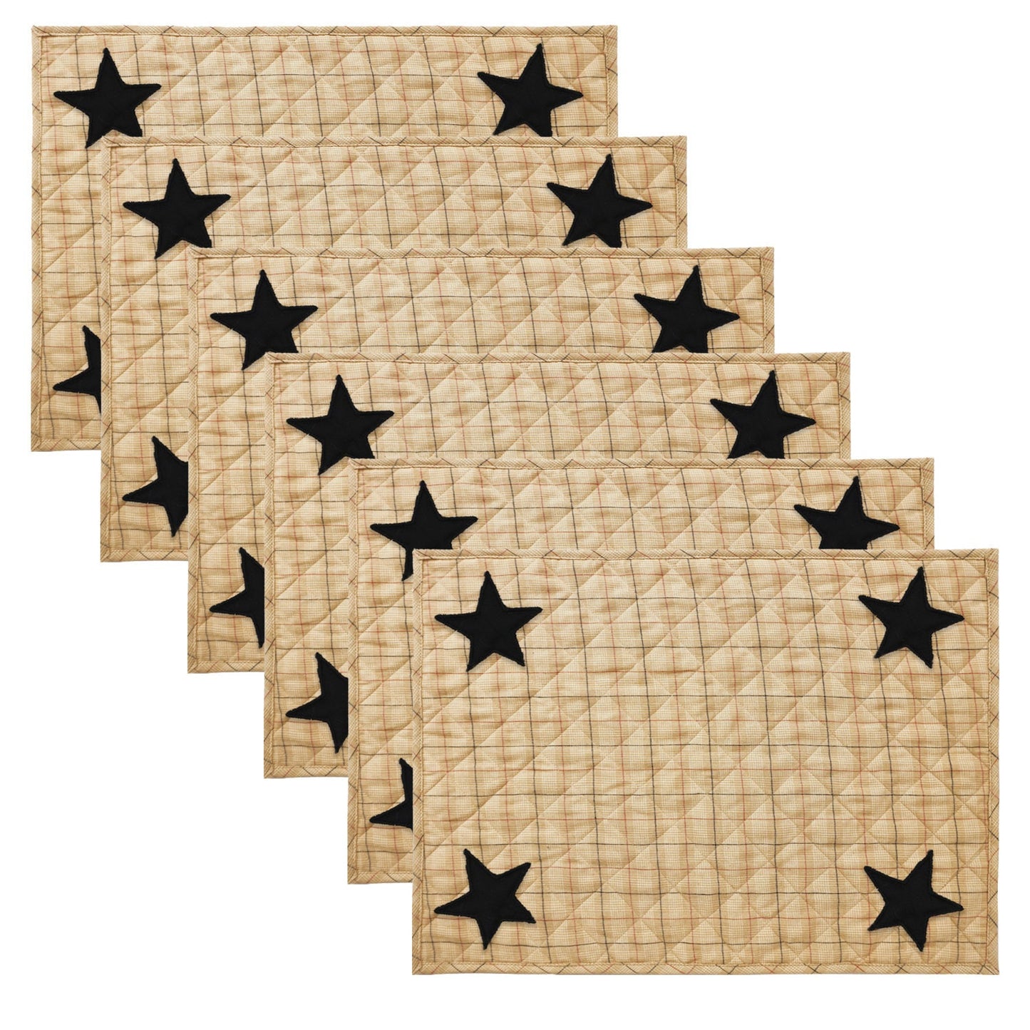 Quilted PLACEMAT & Table toppers Table mat black star embroidered beige Country Plaid 14"X19" by HOME HEART Brands(Made in India)