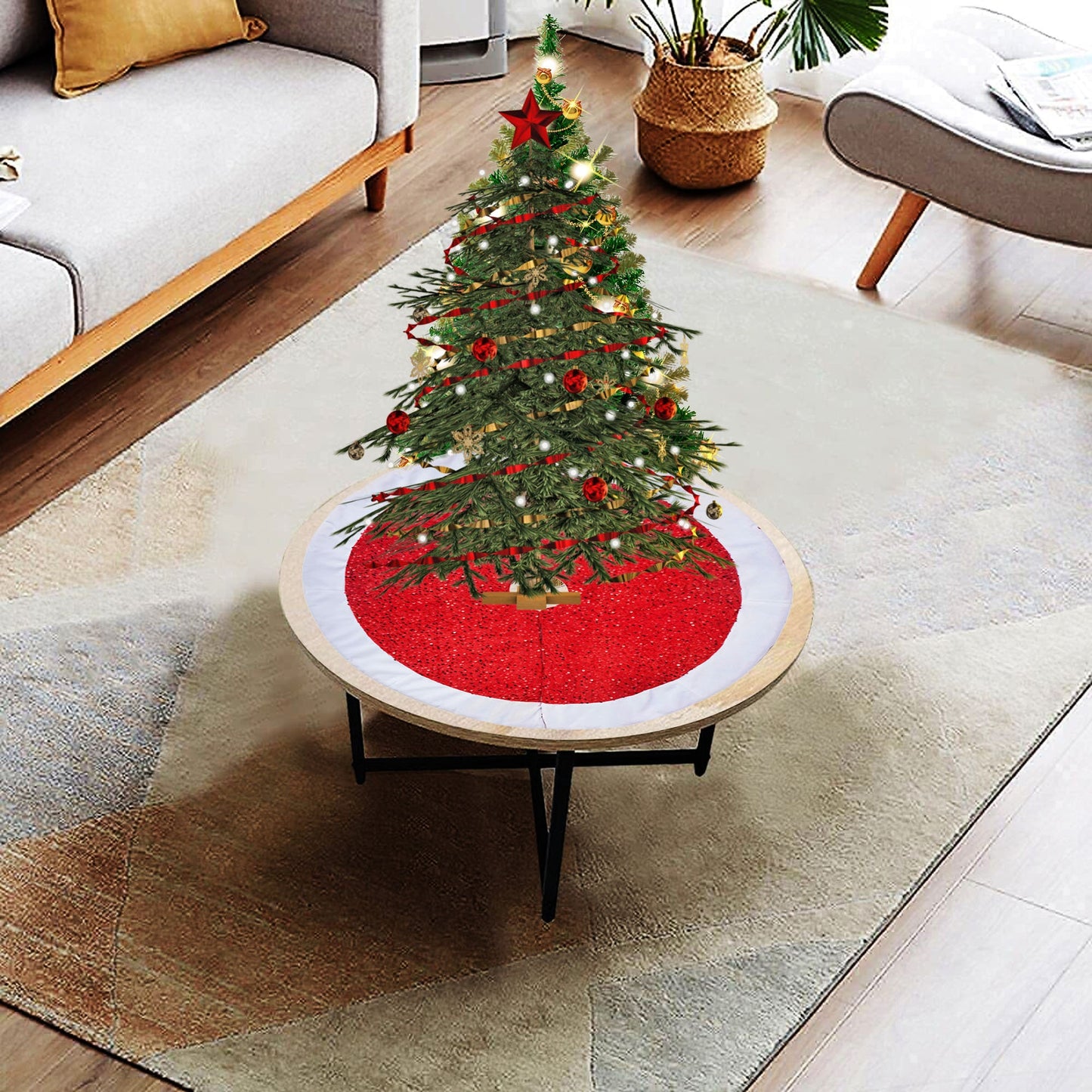 Christmas tree skirt Red Sequin Faux Velvet with White Faux Velvet Fabric Border Thick Double Layer by HOME HEART Brands
