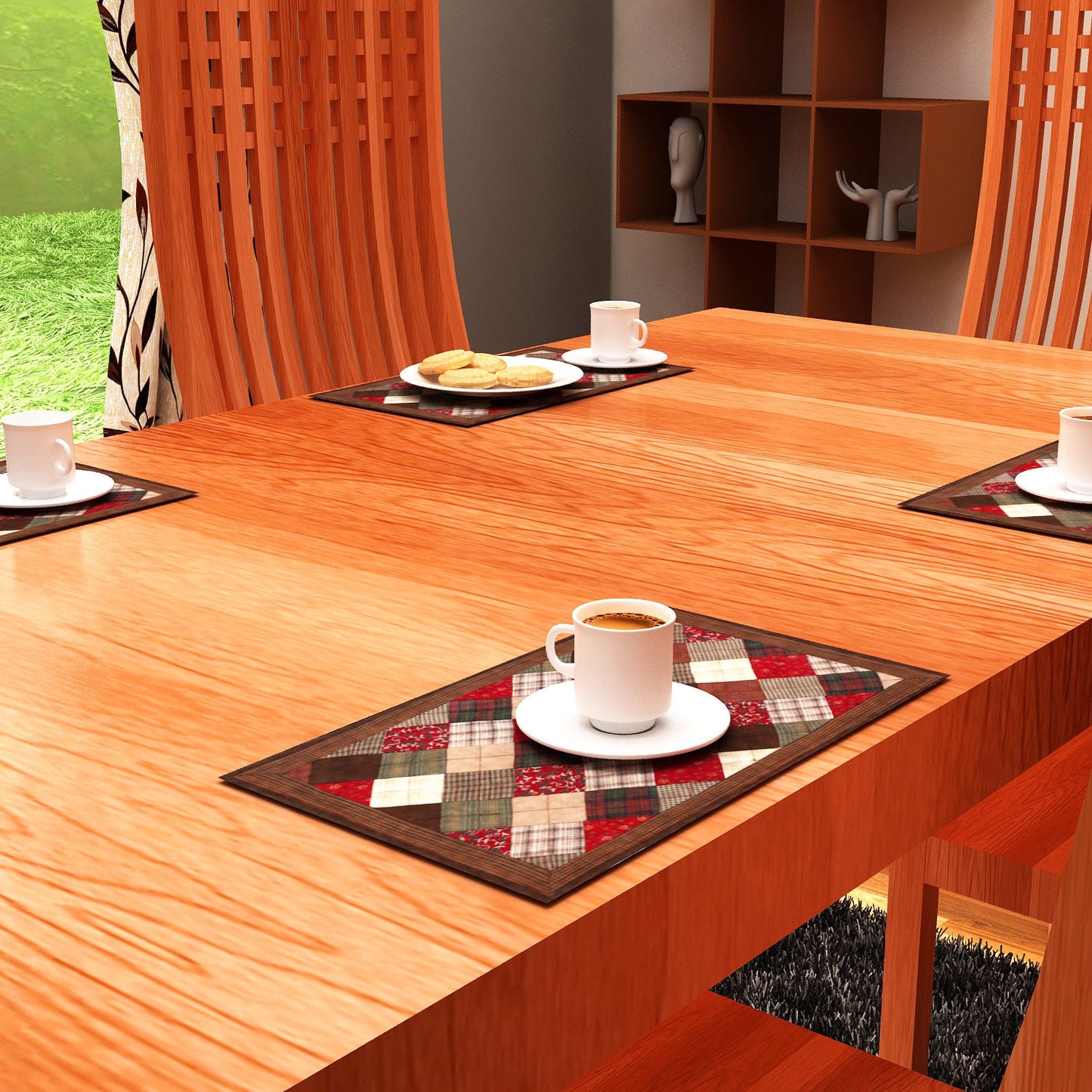 Quilted placemat & table mat patchwork red brown country plaid, calico print by HOME HEART Brands( made in INDIA)