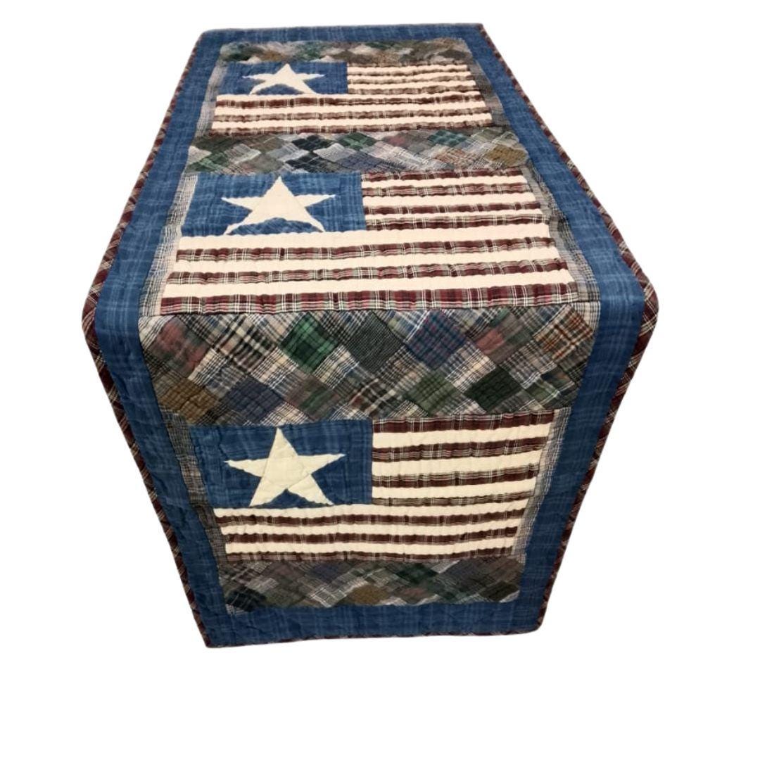 Hand Quilted crafted Old glory Americana flag patchwork plaid table runner 16"x50" Table Toppers by HOME HEART Brands(Made in India)