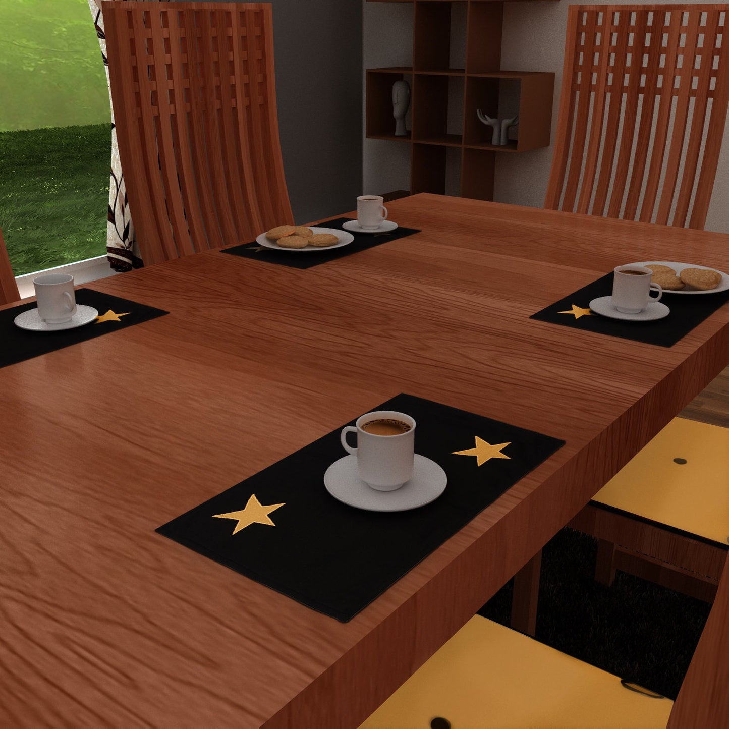 Cotton placemat & Toppers Premium tapestry cotton fabric black with beige star applique embroidered by Home Heart Brands(Made in India)