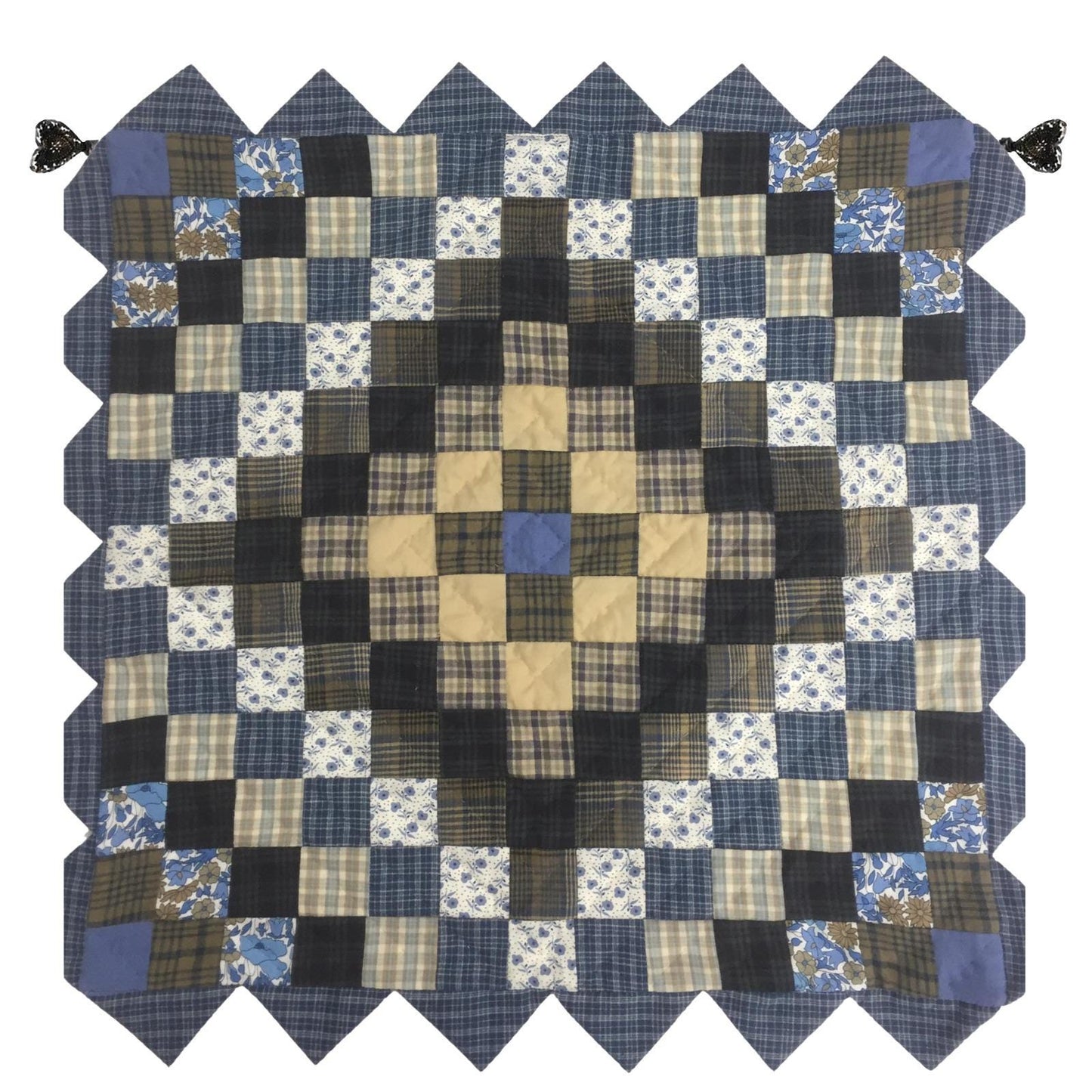 Hand made Hand quilted Block Quilt, Table Topper, Throw quilt cornflower cotton square zig zag quilt by Home Heart brands (Made in India)