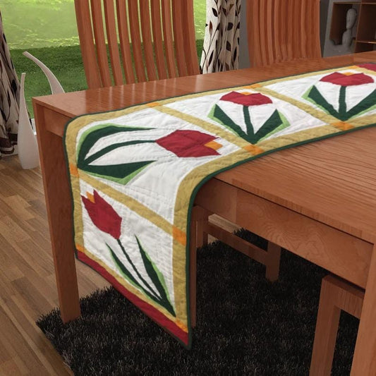 Tulip Flower hand made, hand quilted table runner, throw, patchwork Table Toppers Calico cotton fabric by HOME HEART Brands(made in INDIA)
