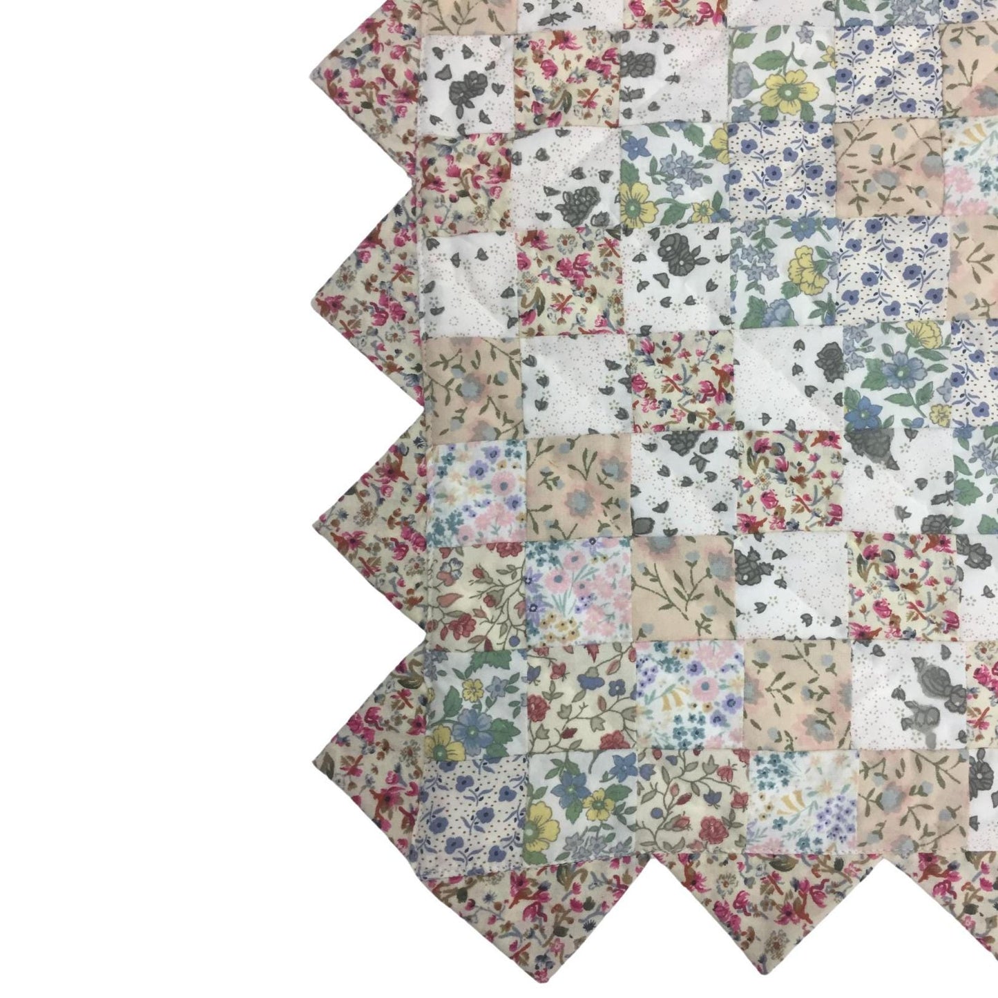 Hand made Hand quilted Block Quilt, Table Topper, Throw quilt calico floral cotton square zig zag quilt by Home Heart brands (Made in India)