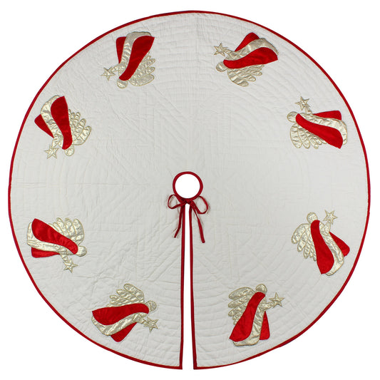 Christmas tree skirt quilted ivory cotton fabric & gold red Angel Applique style  by HOME HEART Brands
