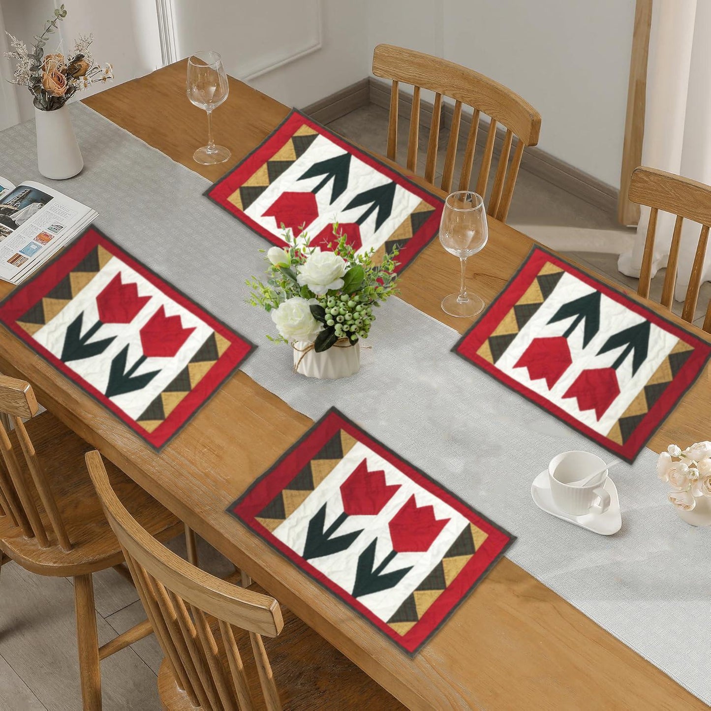 Hand made hand quilted crafted placemats, tablemats, table topper,  patchwork Calico Tulip 14"X19" by HOME HEART Brands (Made in India)