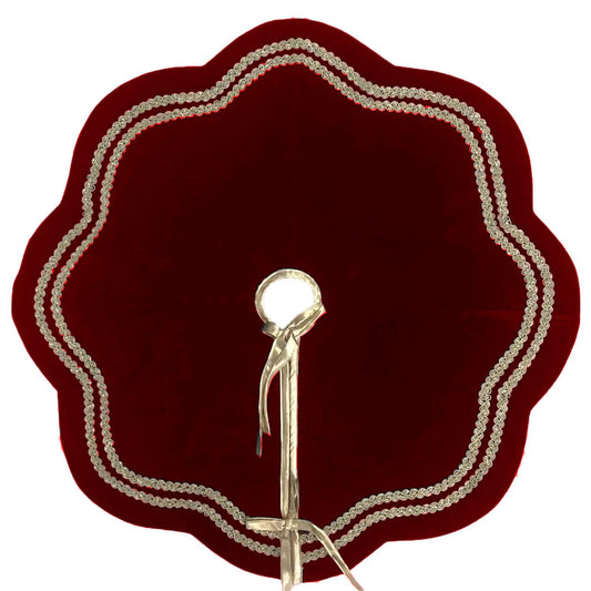 Christmas Tree Skirt Handcrafted Scallop Design burgundy wine Velvet, Gold Trim Double Layer Heirloom by HOME HEART Brands(Made in India)