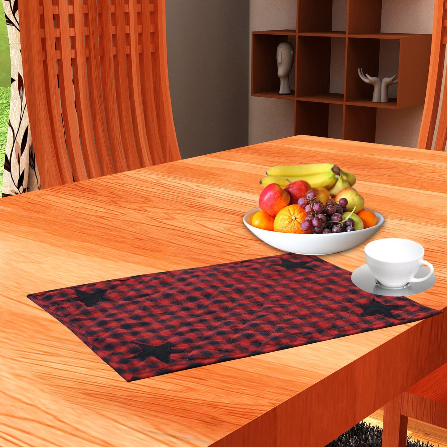 Quilted place mat with black star embroidered on Black/Red Country Plaid 14"X19" by HOME HEART Brands/Tablemat