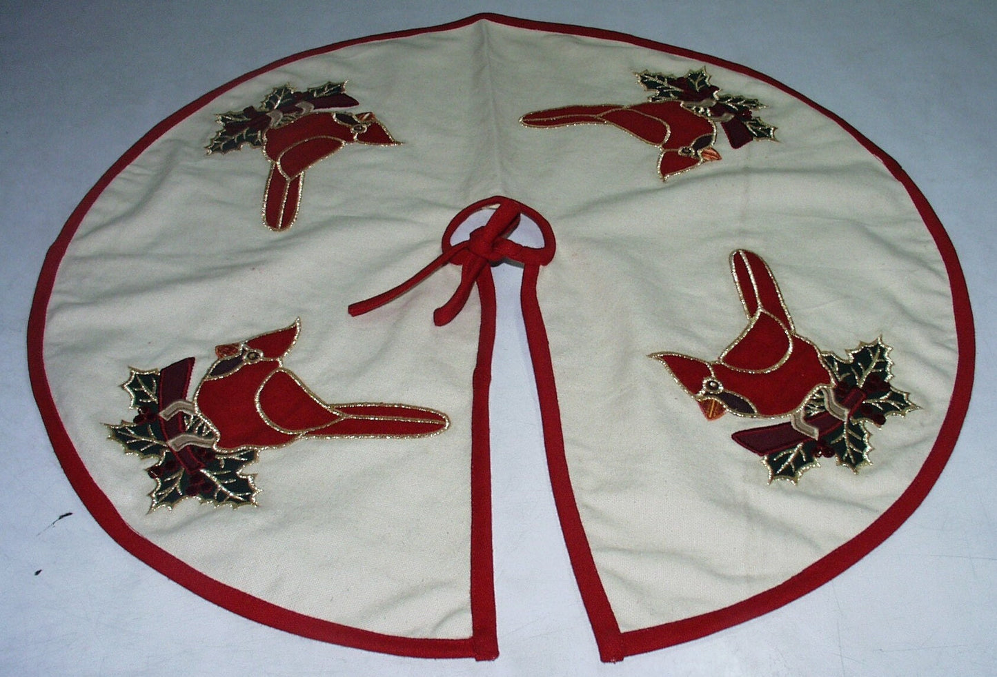 Christmas cardinal tree skirt Cotton Sturdy ivory Duck Fabric & red velvet embroidered by HOME HEART Brands