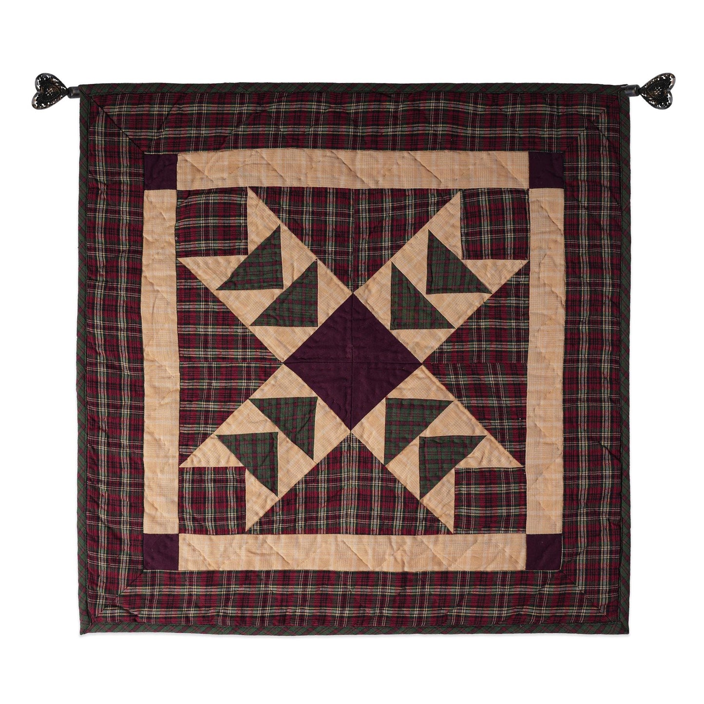 Hand made Hand quilted Wall hanging Quilt, Table Topper 19"x19" Primitive flying geese red green plaid by Home Heart brands (Made in India)