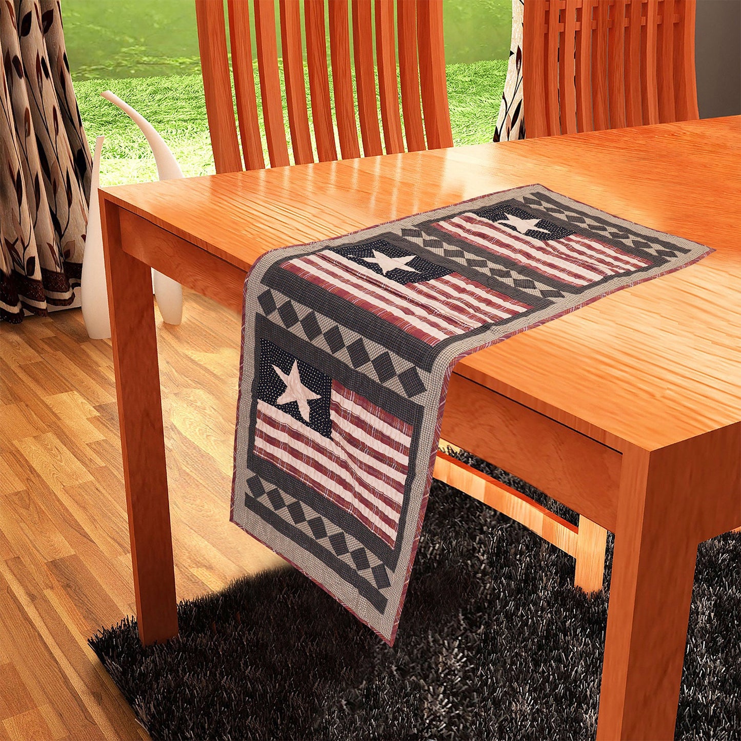 Hand Quilted patchwork 18"x52" Table Runner & Toppers Country Americana flag calico cotton fabric by HOME HEART Brands(made in INDIA)