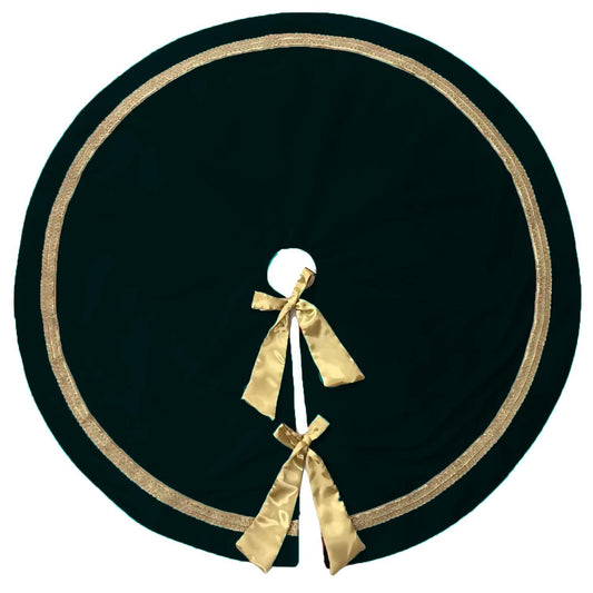 Christmas tree skirt hand crafted bow & luxurious bottle green velvet with gold border double Layer by HOME HEART Brands(Made in India)