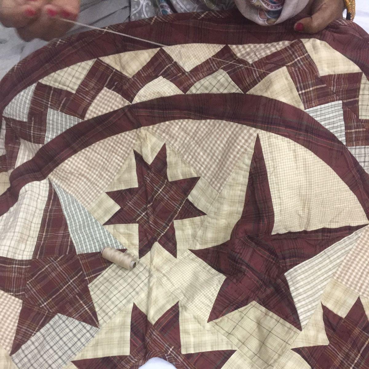 Christmas tree skirt hand made hand quilted patchwork colonial burgundy star Tree skirt with tie Thick Double Layer by HOME HEART Brands